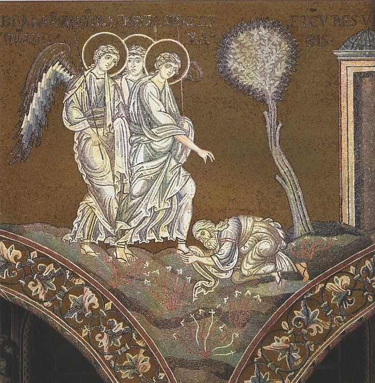 Exod 18 Abraham bends down before Holy Trinity - angelic visitors at Mamre - mosaic in Monreale Cathedral