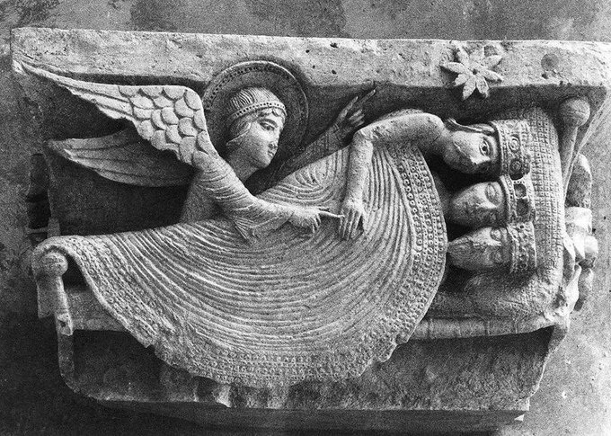Matt 2-11 Epiphany star, Magi, angel, 12th century carving, Autun Cathedral